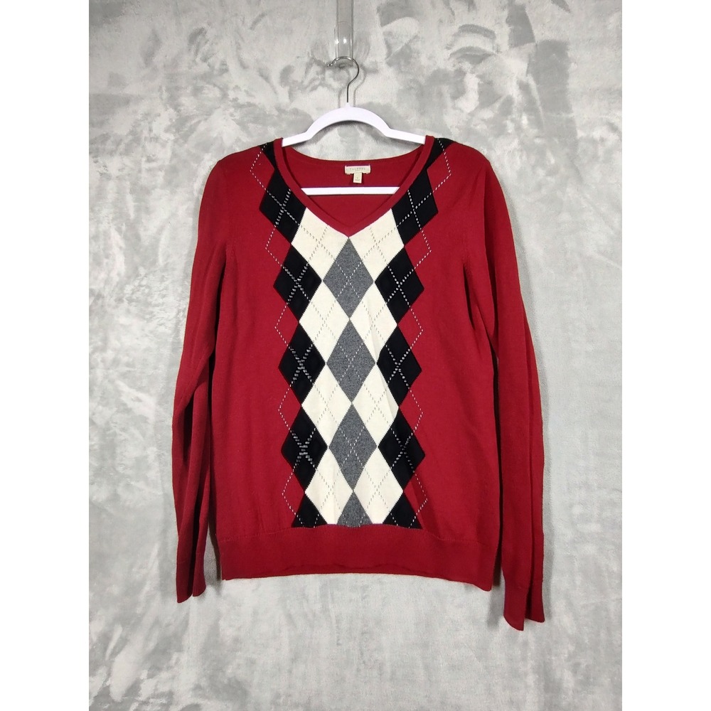 Talbots Red Argyle V-Neck Cotton Blend Metallic Knit Sweater Womens Small 3610